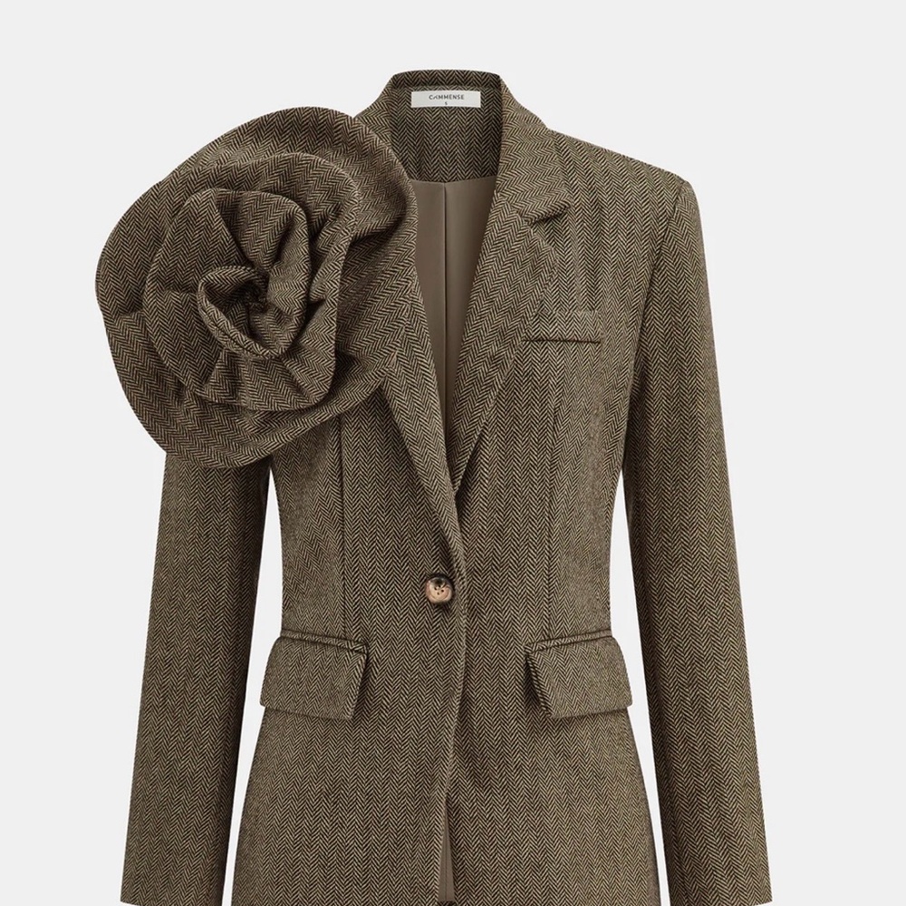 Commense 3D Flower (Removeable) Single Button Tweed Blazer